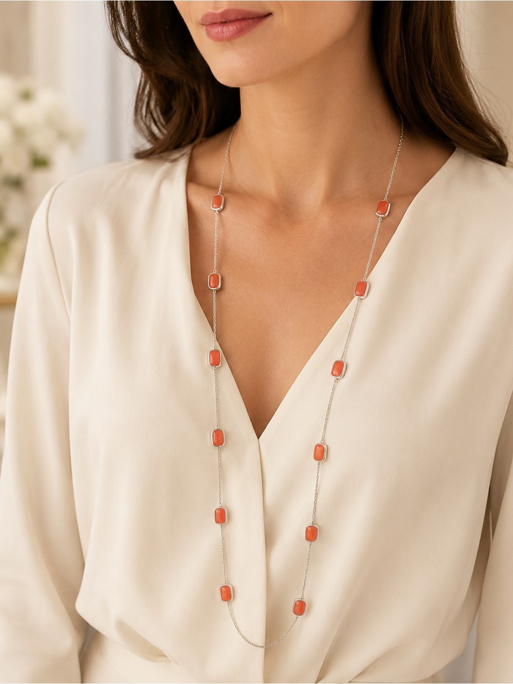 Long Silver Chain Necklace with Coral Stones - Women's Jewelry